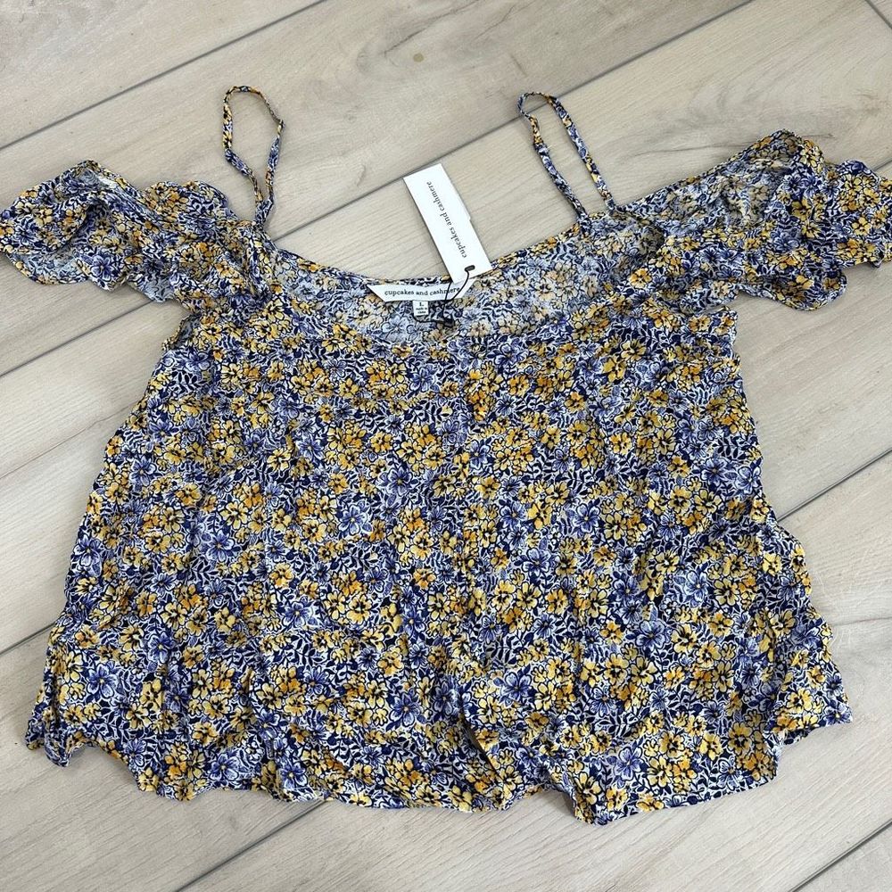 Cupcakes Cashmere Tank Top Large Floral Off Shoulder Blouse Blue Yellow Spring